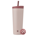 Full view of the BlenderBottle 2-in-1 Shaker Tumbler in tan-pink, featuring a redwood BlenderBall for smooth mixing, and a matching lid and straw. | Color#Sahara Sunset